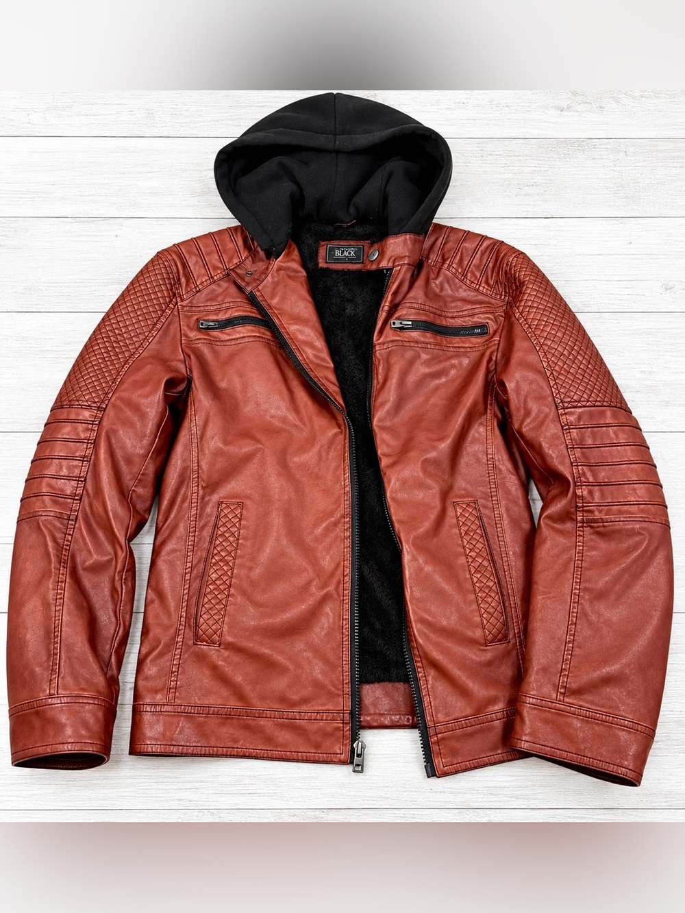 Buckle Black Men's Hooded Faux Leather Jacket in Chestnut Brown